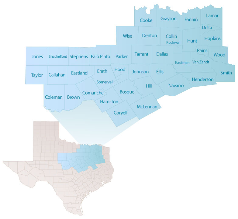 Counties served by Wilbert of North Texas
